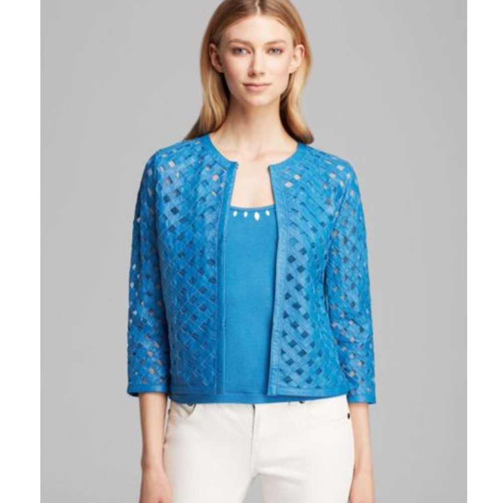 Grayse Lattice Leather Jacket Mesh Blazer Blue Size Large